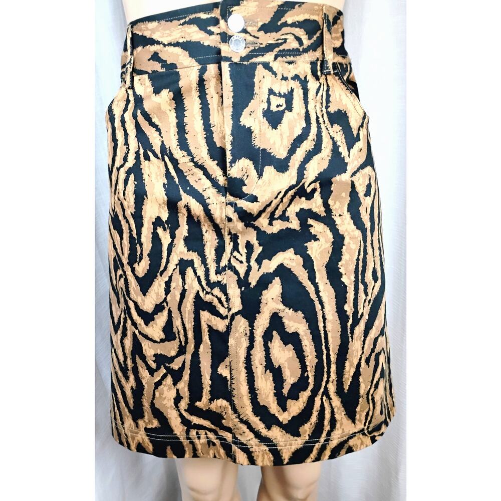 Womens Tiger Print Mini Skirt Size 12 Brown Black Cotton Stretch Animal Print
